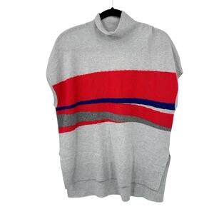 Duffy Cashmere Mockneck Sleeveless Top M Gray Red Striped High Low Hem Pullover